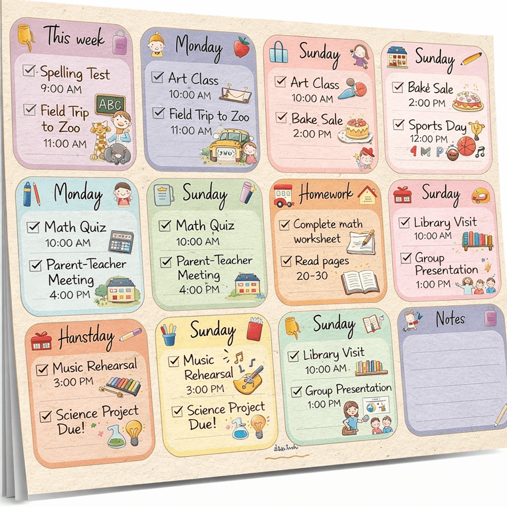 School weekly calendar with events